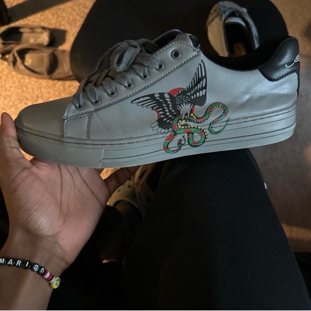 Ed Hardy Gray Sneakers with Bird and Snake Design